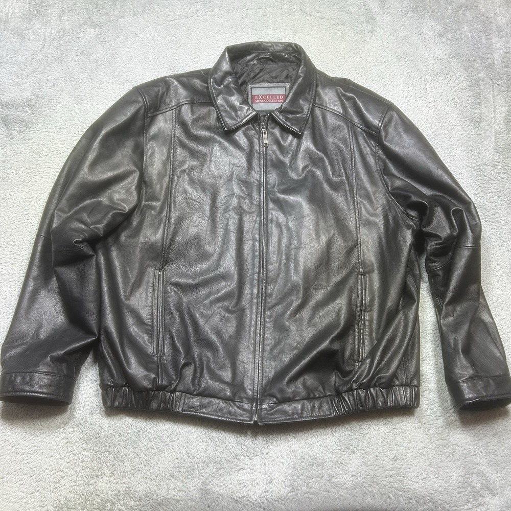 Vintage Excelled‎ Leather Jacket Mens 2XL Black Bomber Full Zip Quilt Lined 90s